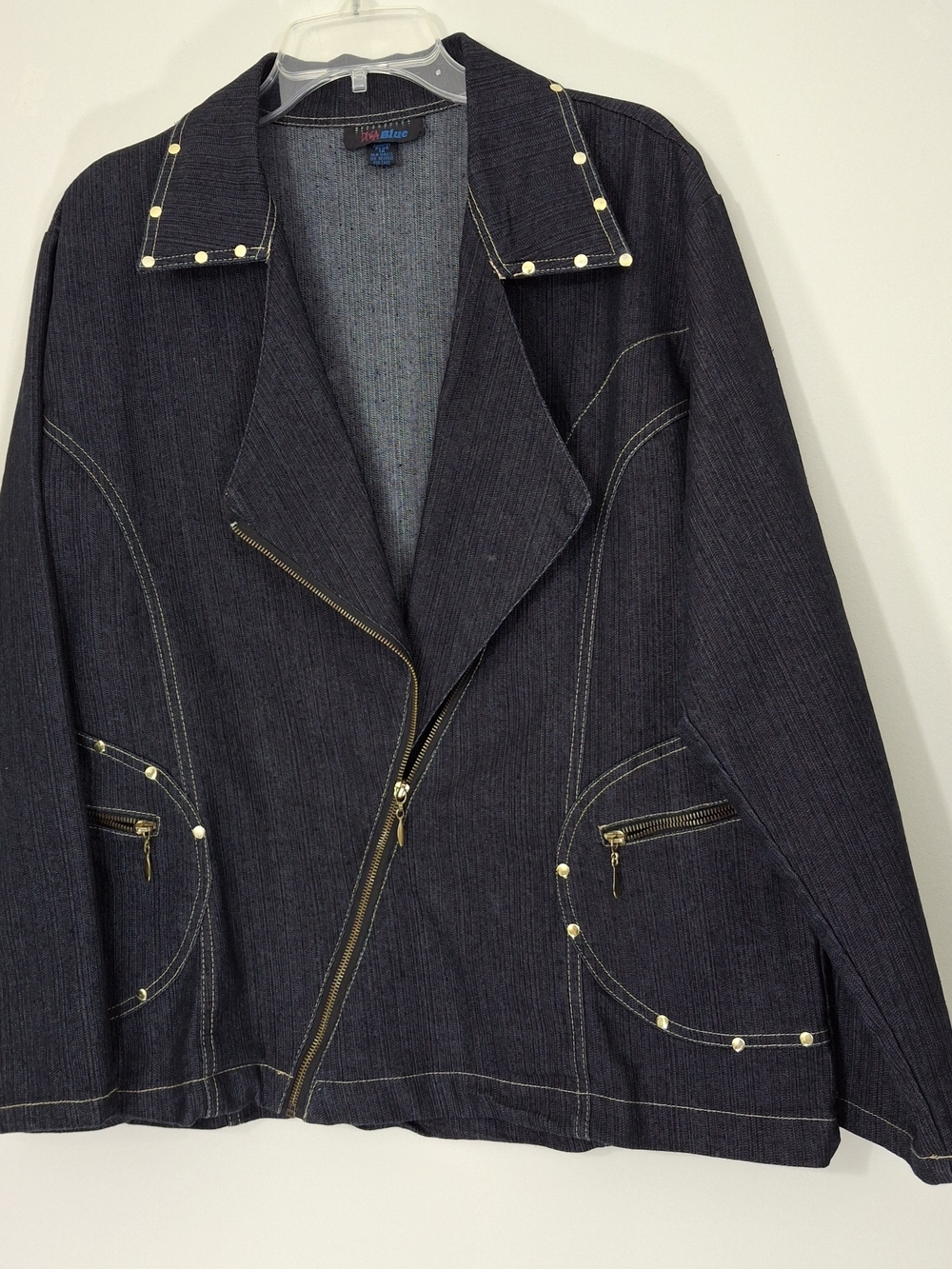 Dark Blue Denim Zip Jacket with Stud Accents, SIZE 1X